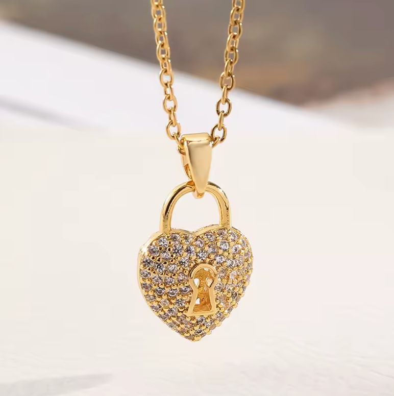 Zircon Heart Lock & Key Pendant Necklace, Y2K Collarbone Chain Jewelry for Women & Girls