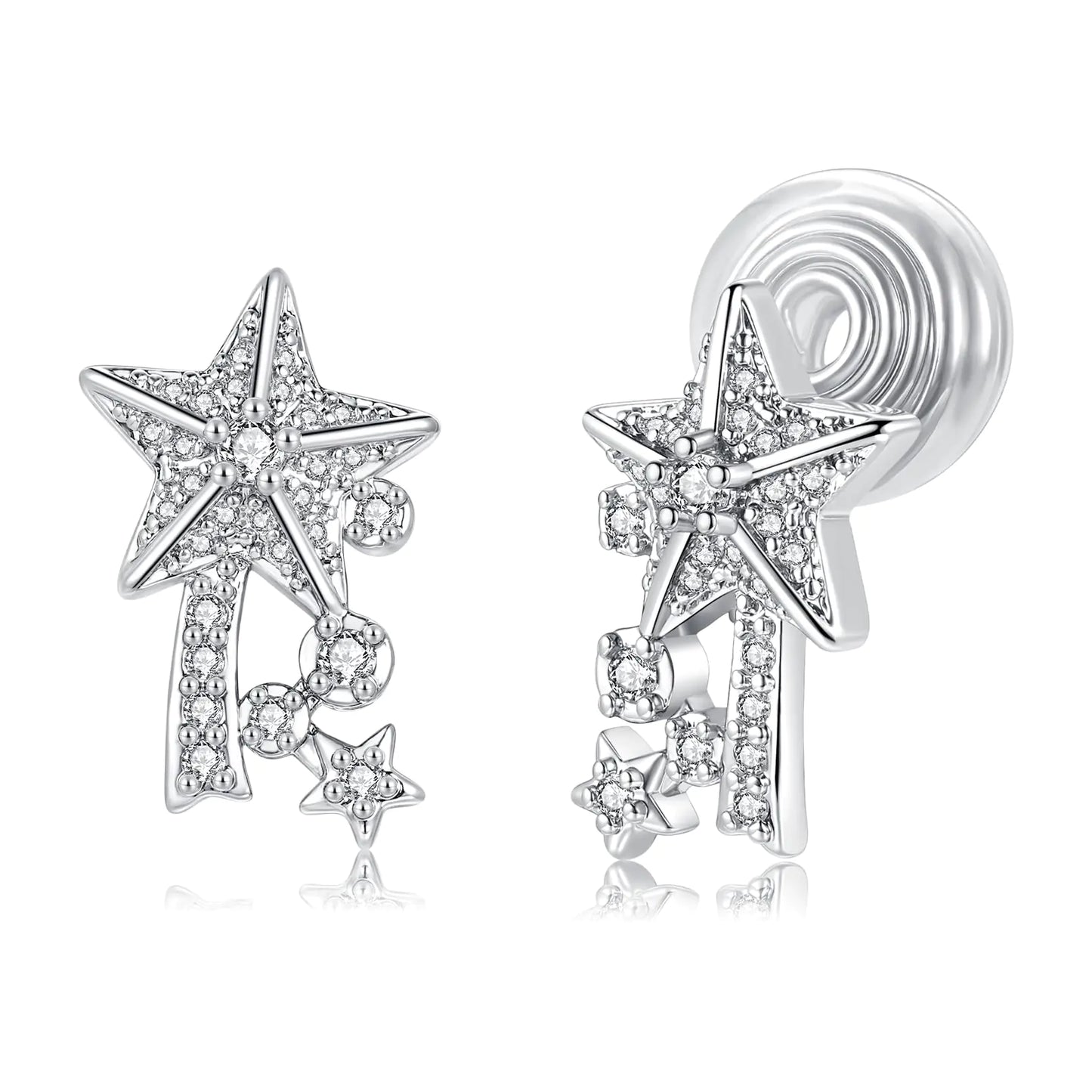 DLKNP Silver Star Clip-On Earrings with Cubic Zirconia – Hypoallergenic, No Piercing