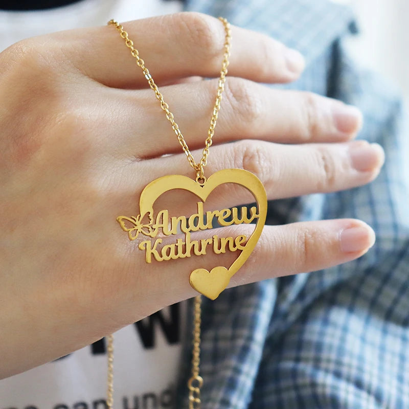Personalised Two Name Necklace With Heart