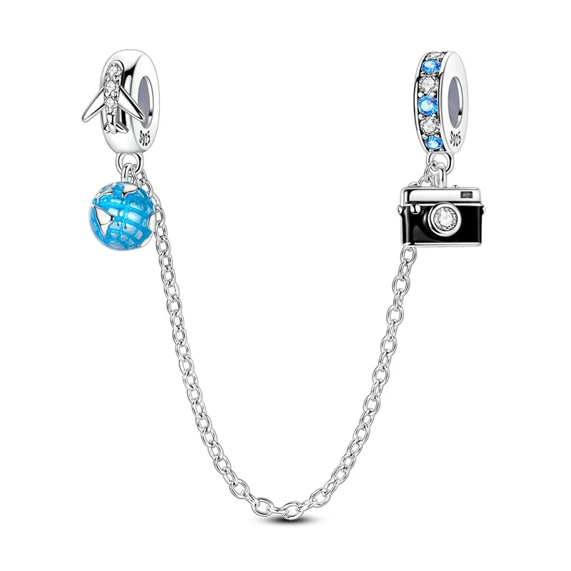 925 Sterling Silver Safety Chain Aircraft Earth Camera Daisy Silicone Charms Beads Fit Original Bracelets DIY Jewelry For Women