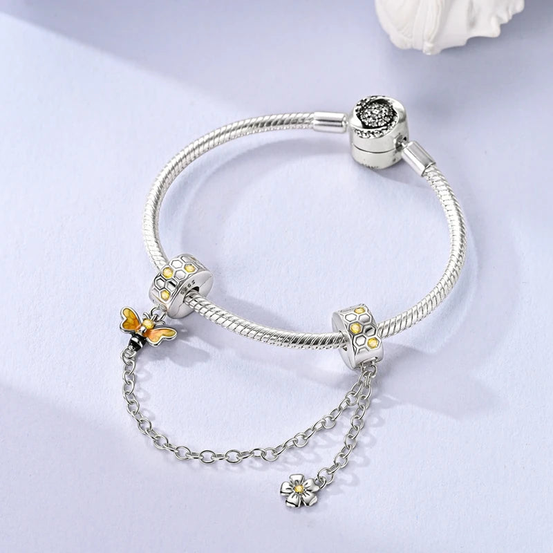 925 Sterling Silver Safety Chain Aircraft Earth Camera Daisy Silicone Charms Beads Fit Original Bracelets DIY Jewelry For Women