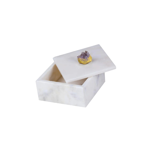 White Marble Decorative Box with Lid, Geode Accent, 6x6x3.5", Jewelry & Keepsake Storage