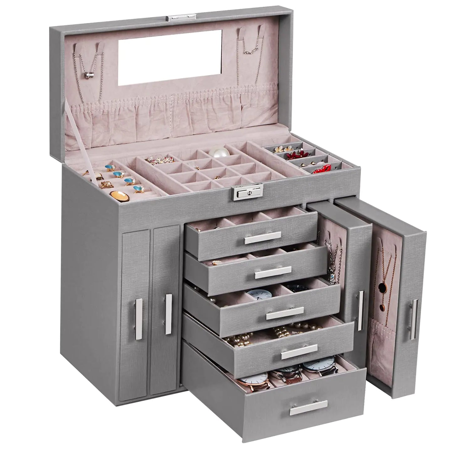 ANWBROAD 6-Tier Jewelry Box Organiser with Lock, Mirror & Storage for Earrings, Rings & More