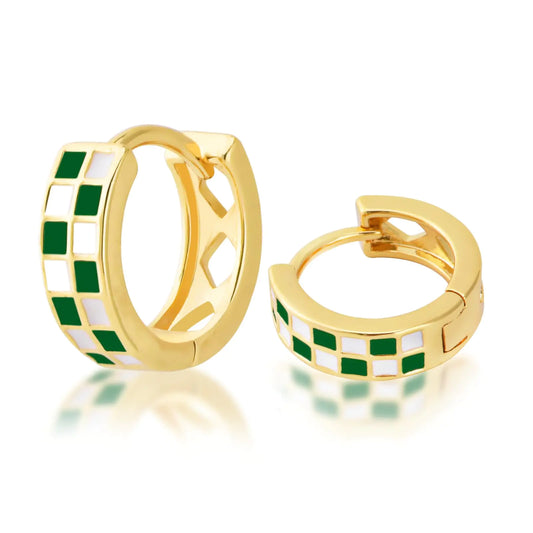 Small Green Checkered Hoop Earrings – Multicolor Enamel Huggie Jewellery for Women