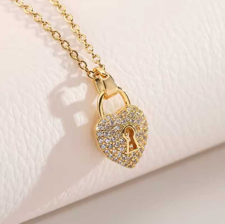 Zircon Heart Lock & Key Pendant Necklace, Y2K Collarbone Chain Jewelry for Women & Girls