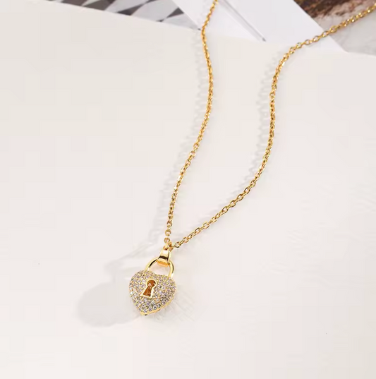 Zircon Heart Lock & Key Pendant Necklace, Y2K Collarbone Chain Jewelry for Women & Girls
