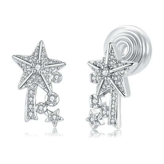 DLKNP Silver Star Clip-On Earrings with Cubic Zirconia – Hypoallergenic, No Piercing